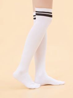 Black and White    Polyester Striped Over the Knee Socks    Women Socks & Hosiery Tall Socks, Striped Tights, Winter Fashion Outfits Casual, Over The Knee Socks, Sock Patterns, Long Socks, Striped Socks, Compression Socks, Knee Socks