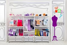 a white closet filled with lots of clothes and shoes next to a wall painted with an image of a mannequin