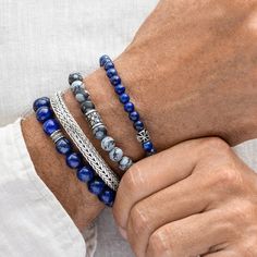 Sterling Silver Men's Bracelets Big / Small Size 7 to 10 in. - VY Jewelry Obsidian Bracelet, Lapis Lazuli Bracelet, Obsidian Stone, Men's Bracelets, Lapis Lazuli Stone, Snowflake Obsidian, Sterling Silver Mens, Elegant Accessories, Blue Gemstones