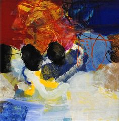 an abstract painting with blue, yellow and red colors