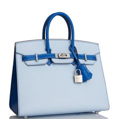 This Special Order Sellier Birkin is in Bleu Brume and Bleu Zellige epsom leather with brushed palladium hardware and has contrast stitching, front flap, two straps with center toggle closure, clochette with lock and two keys, and double rolled handles.The interior is lined with Bleu Zellige chevre and has one zip pocket with an Hermes engraved zipper pull and an open pocket on the opposite side.Collection: UOrigin: FranceCondition: Pristine; new or never (Plastic on hardware)Accompanied by: Hermes box, Hermes dustbag, clochette, lock, two keys, clochette dustbag, felt, rainhat, carebook and ribbonMeasurements: 10" width x 7.5" height x 4.75" depth; 2.75" handle drop Sellier Birkin, Birkin Sellier, Hermes Special Order, Kelly Bags, Fancy Purses, Boots Shoe, Dream Bag, Fancy Things, Luxury Bags Collection