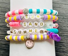 🏖️The perfect stack for the days spent dreaming of the beach and summer weather😎 🌊Set includes 5 bracelets for the ultimate day in the sand⛱️   All orders come in pouch with confetti and gift bag. For any color changes, please include in notes to seller. Otherise the bracelets will be made with colors shown Trendy Stackable Beaded Bracelets For Beach, White Beaded Bracelets For Everyday Summer Wear, Summer Playful Beaded Bracelets With Letter Beads, Playful Summer Beaded Bracelets With Letter Beads, White Beaded Bracelets For Summer, Multicolor Beaded Bracelets For Everyday Summer Wear, Summer Beaded Bracelets For Beach, Colorful Beaded Bracelets For Beach In Summer, Multicolor Beaded Bracelets For Summer