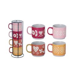 four different colored coffee mugs sitting next to each other on a white background with hearts and flowers