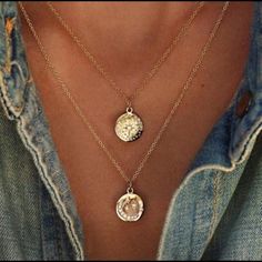 18k Gold Plated Sun And Moon Coin Necklace Layered Necklace Gold, Star And Moon Necklace, Gold Chain Choker, Necklaces Pendant, Coin Pendant Necklace, Star Pendant Necklace, Moon Pendant Necklace, Trendy Necklaces, Geometric Necklace