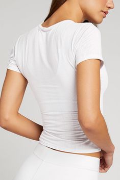 Whipped Baby Tee in White | Women's Tops in White - Negative Underwear Trendy Fitted Cropped T-shirt For Loungewear, Athleisure Fitted Scoop Neck Tops, Fitted Scoop Neck Tops For Athleisure, Spring Athleisure T-shirt For Layering, Fitted Seamless T-shirt For Loungewear, Snug Fit Short Sleeve Tops For Spring, Spring Short Sleeve Snug Fit Tops, Spring Short Sleeve Tops With Snug Fit, Ribbed Crew Neck Athleisure Top