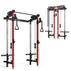 the body - solid power cage is shown in three different positions, including one for squats and pull ups