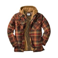 Can't wait for that first cool fall day? Then you'll love this soft washed 100% cotton yarn-dyed flannel hooded shirt jacket. Featuring quilted satin lined body and sleeves with 130 gm of poly-fill insulation, zippered entry placket and double lined fleece hood - plus, convenient side hand warming pockets. Finished with Legendary buttons and Signature Buck embroidery. Big & Tall sizes are designed for men over 6'2" and add 2" in body length and 1-12" in sleeve length Material: 100% Cotton Wash: Casual Hooded Shacket For Fall, Winter Plaid Hooded Jacket With Pockets, Plaid Hoodie For Winter Outdoor Activities, Plaid Hooded Jacket With Pockets For Winter, Hooded Fall Shacket With Pockets, Hooded Plaid Flannel Shirt, Winter Flannel Shacket For Outdoors, Winter Outdoor Flannel Shacket, Casual Hooded Plaid Outerwear