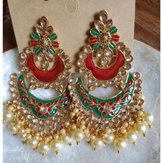 Beutiful Long Indian Style Earrings Beutiful Meenakari Kundan And Pearl Work Heavy Design But Light Weight Suitable For Any Dress And Occasions 3 Inches Long Have So Many Other Colors Pls Check My Listings For More Color Options Red Jhumkas For Ceremonial Use During Diwali, Green Chandelier Earrings For Diwali Gift, Ceremonial Red Meenakari Jhumkas, Traditional Red Chandelier Earrings For Festive Occasions, Festive Tilla Bridal Earrings Gift, Traditional Red Dangle Chandbalis, Green Bollywood Style Chandelier Earrings As Gift, Green Temple Jewelry Style Chandelier Earrings As Gift, Green Chandbalis As A Gift