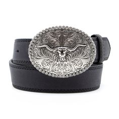 Product Details: Kids’ belt Three-dimensional longhorn berry edge plaque buckle Black or Brown Belt width: 1 1/4" 100% full-grain leather Buckle finish: Antique silver Belt Buckle Belts, Black Cowboy Belt, Adjustable Western Concho Belt Buckles, Adjustable Concho Belt Buckles For Western-themed Events, Black Concho Belt Buckles For Ranch, Black Concho Belt Buckles, Classic Concho Belt Buckles For Rodeo, Classic Concho Belt For Western-themed Events, Western Adjustable Belt Buckles For Rodeo