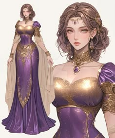 a woman in a purple dress with gold accents