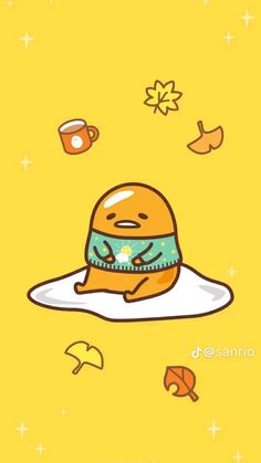 a cartoon character is sitting on top of an egg with coffee and leaves around him