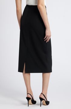 The smooth, stretchy fabric of this streamlined pencil skirt lets you effortlessly transition from desk to dinner. Lined 68% polyester, 28% viscose, 4% spandex Dry clean Imported Sleek Pencil Skirt For Night Out, Sleek Midi Skirt, Relaxed Midi Length Elastane Pencil Skirt, Midi Length Elastane Pencil Skirt With Lining, Formal Midi-length Pencil Skirt, Sleek Evening Midi Pencil Skirt, Lined Elastane Midi Pencil Skirt, Modern Business Casual Pencil Skirt, Office Midi Elastane Skirt