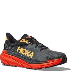 The best all-terrain ride are these  1134497-CFLM Hoka Men's Challenger 7 Bellwether Running Shoes.  Combining a simplified mesh upper with a soft new foam, we've increased the stack height for a plusher feel and added proprietary rubber to the bottom unit, along with a reimagined outsole design.  Engineered Mesh Recycled Poly Laces Compression Molded Eva Foam Midsole  American Podiatric Medical Association (APMA) Seal of Acceptance Durabrasion Rubber 4mm Lugs Extended Heel Pull  1134497-CFLM Hoka Men's Challenger 7 Bellwether Running Shoes - Castlerock/Flame Orange Running Shoes With Vibram Sole For Light Sports, Carbon Color Sneakers With Air Cushioning For Outdoor, Outdoor Carbon Sneakers With Air Cushioning, Breathable Low-top Carbon Trail Running Shoes, Carbon Low-top Breathable Trail Running Shoes, Sporty Carbon Trail Running Shoes, Technical Running Shoes With Vibram Sole For Light Sports, Sporty Carbon Running Shoes For Trail Running, Functional Trail Running Shoes With Textured Tread