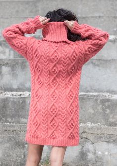 Coral Wool Mohair Dress Gorgeous Cable Knit by TanglesCreations Long Wool Sweater Dress For Winter, Hand Knitted Long Sleeve Dress For Fall, Hand-knitted Long Sleeve Dress For Fall, Winter Wool Knitted Sweater Dress, Pink Knitted Sweater Dress For Winter, Knitted Turtleneck Sweater Dress, Hand Knitted Sweater Dress For Winter, Wool Turtleneck Sweater Dress For Winter, Cozy Hand Knitted Winter Sweater Dress