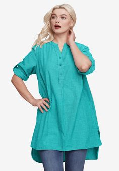 Striped Henley Tunic | Ellos Spring Split Neck Blouse With Placket, Spring Workwear Tunic With Shirttail Hem, Casual Half Sleeve Tunic For Spring, Summer Workwear Tunic With Relaxed Fit, Summer Workwear Tunic In Relaxed Fit, Relaxed Fit Summer Tunic For Workwear, Spring Casual Tunic For Workwear, Casual Spring Tunic For Work, Spring Casual Workwear Tunic