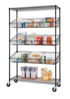 three tiered wire shelving unit with food items on wheels and various containers in the bottom shelf