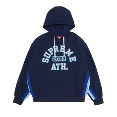 Find SUPREME Appliqué Hooded Track Jacket 'navy on Editorialist. Supreme Appliqué Hooded Track Jacket 'Navy' Blue Outerwear With Embroidered Logo For College, Navy Hooded Outerwear For College, Blue Hooded Windbreaker For Streetwear, Blue Embroidered Outerwear For College, Blue Hooded Windbreaker With Drawstring, Urban Blue Hooded Track Jacket, Urban Style Blue Hooded Track Jacket, Blue Hooded Outerwear With Double-lined Hood, Urban Blue Outerwear With Adjustable Hood