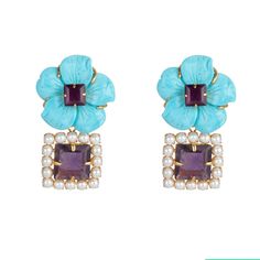 These exquisite Bounkit flower earrings of amethyst, mother of pearl and carved turquoise flower.They are perfect complements for those fresh spring and summer days. Handcrafted in 14k gold plated brass settings. SKU: ED-FL-257T Amethyst, Mother of Pearl & Turquoise Flower Convertible 2-way Semi-Precious Stones Measures 2 1/2" x 1" Material: 14K Gold Plated Brass Made to Order Handmade in New York City Elegant Turquoise Earrings With Gemstone Accents, Elegant Turquoise Clip-on Earrings, Elegant Turquoise Flower Earrings, Elegant Turquoise Drop Flower Earrings, Elegant Turquoise Flower Drop Earrings, Interchangeable Earrings, Felt Pouch, French Clip, Turquoise Flowers