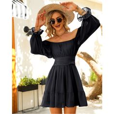 Size M New With Tag Off-shoulder Black Mini Dress For Beach, Black Off-shoulder Mini Dress For Beach, Black Off-shoulder Beach Mini Dress, Black Dresses For Spring Brunch, Casual Black Off-shoulder Dress, Spring Black Dresses For Brunch, Black Off-shoulder Mini Dress For Vacation, Black Off-shoulder Dress For Spring, Black Flowy Off-shoulder Dress