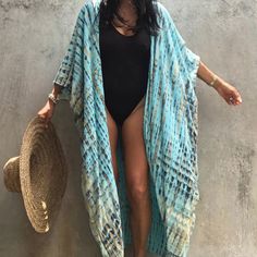 Turquoise Tie Dye Printed Long Short Sleeve Kimono Robe Coverup. Comes With Matching Tie So It Can Be Worn Tied Closed Or Left Open. This Can Be Worn As A Swim Coverup Or Layered Over Your Outfit. Sizing: One Size - Fits Sizes Small, Medium, Large - 0, 2, 4 ,6, 8, 10 Material: 100% Rayon Our Boutique Is Filled With A Curated Collection Of Styles: Spell Gypsy Boho Bohemian Hippie Retro Vintage Handmade Coachella Festival Free People Anthropologie Johnny Was Urban Outfitters Western Aztec Tribal F Blue Bohemian Cover-up For Beach Party, Blue V-neck Festival Cover-up, Blue Cotton Summer Cover-up, Blue Cotton Beach Cover-up, Blue Cotton Beach Season Cover-up, Free Size Blue Cover-up For Spring, Blue Free Size Cover-up For Spring, Blue Free-size Spring Cover-up, One Size Blue Cover-up For Festival