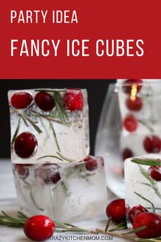 some ice cubes with cherries on them and the words party idea fancy ice cubes