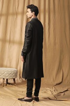 Black kurta with with gota and zari chest panel embroidery. Paired with a black lycra churidar. - Aza Fashions Black Cotton Silk Kurta With Resham Embroidery, Black Chikankari Chanderi Sherwani, Black Chanderi Sherwani For Navratri, Ceremonial Cotton Silk Fitted Kurta, Fitted Cotton Silk Kurta For Ceremonial Occasions, Black Cotton Silk Kurta For Festive Occasions, Festive Black Cotton Silk Kurta, Black Cotton Silk Kurta For Eid, Black Cotton Silk Fitted Kurta