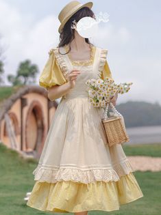 [Reservations] Retro Girly Yellow Dress + Apron + Ribbon Dress Apron, Dress With Apron Vintage, Yellow Fantasy Outfit, Yellow Aesthetic Fashion, Yellow Dress Aesthetic Vintage, Yellow Picnic Dress, Yellow Vintage Fashion Dress, Yellow Aesthetic Clothes, Sunflower Inspired Outfit