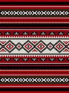 a red, black and white striped background with geometric designs on it's sides