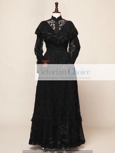 High-collared Edwardian black wide lace romantic vintage Edwardian dress Long, flowing lace sleeves with wide cuffs Cascading lace ruffle v-neckline Attached ribbon tie-ups in back to create bow Double layered floor length skirt with lace overlay over soft cotton Mid-line waistband to shape well to waist Romantic ruffled and lace design on bottom hem This skirt needs no hoop or petticoat underneath it 40 inches (102 cm) from waist to hem Follow us on our Instagram @VictorianChoice The best way t Penny Dreadful Vanessa, Downton Abbey Dress, Downton Abbey Dresses, Black Lace Overlay Dress, Vanessa Ives, Gothic Dresses, Gothic Wedding Dress, Victorian Aesthetic, Bustle Dress