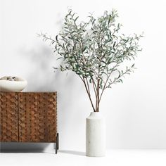 a plant in a white vase next to a wooden cabinet with a bowl on it