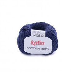 yarn ball in dark blue color with white tag on the front and bottom, for knitting