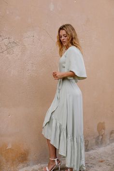 Alma dress Seafoam Blue Sage NEW colour Wrap dress Boho | Etsy Summer Wedding Guest Dress With Flowy Skirt, Flowy Wrap Dress For Wedding, Flowy Maxi Length Summer Bridesmaid Dress, Flowy Maxi Bridesmaid Dress For Summer, Summer Flowy Maxi Bridesmaid Dress, Flowy Silk Wrap Dress, Flowy Wrap Brunch Dress, Flowy Draped Maxi Dress For Wedding, Spring Bridesmaid Wrap Maxi Dress