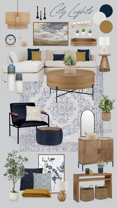 a living room filled with furniture and decor in shades of blue, beige, yellow and white