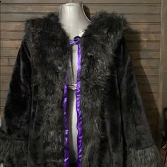 Leg Avenue Faux Fur Coat. Beautiful Faux Fur Coat Lands Just Below The Knee. It Had Royal Purple Lining. Hooded Costume Outerwear For Fall, Long Coat For Halloween, Black Outerwear For Costume, Black Costume Outerwear, Winter Costume Outerwear With Faux Fur Lining, Leg Avenue, Women Legs, Royal Purple, Faux Fur Coat