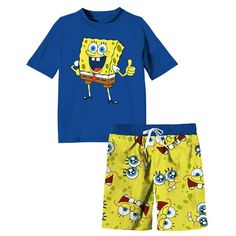 Little and big boys and kids will love this two piece Spongebob swimsuit set!! Includes a swim short and a short sleeve rash guard top. Swim bottoms have an elastic waist with adjustable drawsting. Trunks also have an inside mesh lining and the material is 95% polyester and 5% spandex. The top has short sleeves and 100% polyester. Set has UV 50 protection to help prevent sunburn. This is an officially licensed Nick set. Kids will love to go under the sea swimming in pool, lake, ocean, or backyar Playful Cotton Swim Trunks For Pool, Summer Swimming Sets With Short Sleeves, Summer Swimwear With Short Sleeves For Playtime, Short Sleeve Cotton Swimwear For Play, Playful Short Swimwear For Pool, Playful Blue Swim Trunks For Poolside, Playful Shorts For Summer Activities, Blue Character Print Swimwear For The Beach, Playful Short Swimwear For Summer Activities