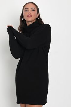 Pickup a warm bevvy and embrace the changing season in style with the Lulus Frosty Forecast Black Turtleneck Long Sleeve Sweater Dress! Ultra soft and cozy sweater knit shapes a chic turtleneck that flows into a contrasting, triangular ribbed knit detail. The relaxed silhouette is framed by long sleeves and ends at a flirty hem. Ribbed knit accents the cuffs and hem. Fit: This garment fits true to size. Length: Mid-thigh. Size medium measures 32" from shoulder to hem. Bust: Great for any cup siz Chic Funnel Neck Winter Sweater, Chic Winter Sweater With Funnel Neck, Elegant Soft Knit Turtleneck For Winter, Elegant Soft Knit Winter Turtleneck, Chic Sweater Dress For Winter, Chic Solid Color Sweater Dress For Winter, Elegant Soft Knit Long Sleeve Turtleneck, Elegant Soft Knit Turtleneck For Fall, Cozy Long Sleeve Fine Knit Turtleneck