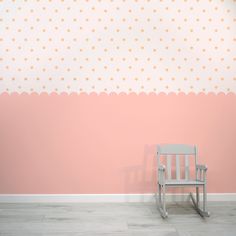 Dotty Scallops Pink - Pink Scalloped Edge with Yellow Dots Wallpaper Mural with Baby Chair Pink Scallop Wall, Half Painted Walls, Backdrop For Pictures, Marble Wall Mural, Tree Wall Murals, Scandinavian Wallpaper, Stylish Nursery, Abstract Wallpaper Design, Dots Wallpaper