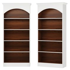 two wooden bookshelves side by side with one open and the other closed on both sides