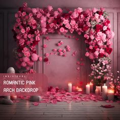 romantic pink arch backdrop with roses and candles