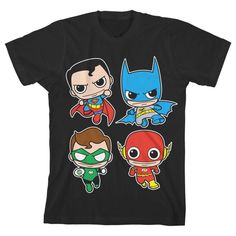 Fans of The Justice League are sure to love this youth black graphic tee. The DCO Toyetic tee features a big, colorful graphic that has been professionally printed to ensure long-lasting print quality. The DC Comics fan apparel tee shirt is black, and has short sleeves for comfort and style in any weather. The classic comic book characters apparel is made of 100% preshrunk cotton jersey. It can be machine washed in cold water with like colors, then tumble dried for easy care. As an officially li Multicolor Character Print T-shirt For Fan Merchandise, Multicolor Cartoon Print T-shirt For Fans, Themed Multicolor T-shirt With Character Print, Multicolor Pre-shrunk Pop Culture T-shirt, Multicolor Pop Culture T-shirt Pre-shrunk, Themed Black Top With Character Print, Themed Black Tops With Character Print, Pop Culture Multicolor T-shirt With Character Print, Multicolor Pop Culture T-shirt With Character Print