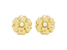 Each of Camellia floral motif, with a pearl pistil extending to high polish gold petals, in 18k gold. With posts and clipbacks. Signed Chanel. Elegant Gold Flower Earrings With 3d Details, Gold Elegant Flower Earrings With 3d Flowers, Yellow Gold Flower-shaped Clip-on Earrings For Formal Events, Formal Yellow Gold Flower Earrings, Elegant Floral Clip-on Earrings For Formal Occasions, Elegant Flower Shaped Clip-on Earrings For Formal Events, Formal Clip-on Flower Earrings, Classic Yellow Gold Flower Earrings For Formal Occasions, Elegant Yellow Gold Clip-on Flower Earrings