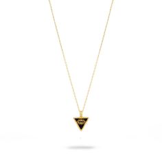 Embrace spiritual protection with the Minimalist Black Onyx & Gold Triangle Pendant Evil Eye Talisman Necklace, crafted to shield you from negative energies.  This elegant pendant features a black onyx triangle, beautifully adorned with a gold evil eye talisman, and is set in 18k gold-plated sterling silver.  The luxurious gold vermeil chain perfectly complements the pendant, making this minimalist yet meaningful necklace a stylish addition to your everyday wear. Details 18K gold plated on sterling silver Black Onyx Necklace length 18" and 2'' extender Pendant height 0. 7'' Pendant width 0. 5'' Avoid contact with chemicals, makeup, parfume. Do not use dips or abrasive cleaners on necklace. To clean and brighten it up your necklace, wipe them gently with jewelry polishing cloth. Meaningful Necklace, Talisman Necklace, Black Onyx Necklace, September Birthstone Jewelry, Triangle Pendant, Onyx Necklace, Elegant Pendant, August Birthstone Jewelry, July Birthstone Jewelry