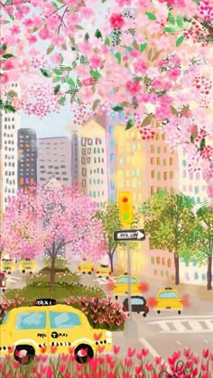 a painting of a yellow taxi driving down a street next to tall buildings and trees