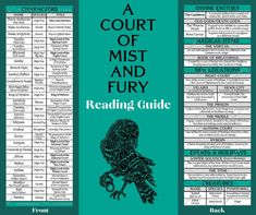 the front and back cover of a court of mist and fury reading guide, with an owl