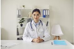 a female doctor sitting at a desk in an office