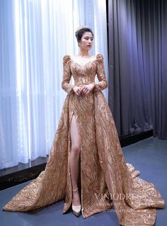 Long Sleeve Gold Prom Dress Luxury Sequin Ball Gown 67208 viniodress – Viniodress Rose Gold Gowns Elegant, Golden Rose Dress, Gold Gowns Elegant Classy, Golden Ball Gown, Rose Gold Ball Gown, Selection Dresses, Gold Elegant Dress, 18th Photoshoot, Prom Dress Luxury