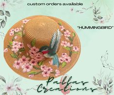 Unique one of a kind hand painted straw hat.  This hummingbird and cherry blossoms will  complete your Spring, Summer, and festival outfit. This hat goes with everything.  beach, vacation, Easter, Coachella, Mother's Day, Kentucky Derby, special gift, or perfect for yourself. These hats have an adjustable string in the hat band to insure one size can fit all. Protect yourself from the sun with a uniquely designed Pallas Creations hat. Each one is custom hand painted with acrylic enamel paint just for you so the design and colors may differ slightly.   Follow us on Etsy and Facebook.  We are always adding and changing designs to create trending and unique designs. Instructions are easy: If you would like any color changes or customization please let us know in an email.  Additional charges Whimsical Spring Sun Hat, Handmade Flower Hats For Summer, Artisan Hat For Spring Vacation, Artisan Brimmed Sun Hat For Spring, Artisan Spring Vacation Hat, Summer Brimmed Hat As A Gift, Summer Brimmed Hat As Gift, Whimsical Sun Hat With Curved Brim For Spring, Handmade Whimsical Sun Hat For Summer