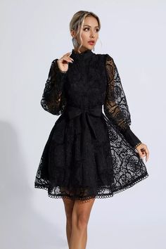 Lorelei Black Lace Jacquard Mini Dress Short Black Lace Dress With Sleeves, Jacquard Mini Dress, Glitter Wedding Dress, Bandage Midi Dress, Dress Long Sleeves, Floral Shirt Dress, Feather Dress, Puff Sleeve Dresses, Maxi Knit Dress