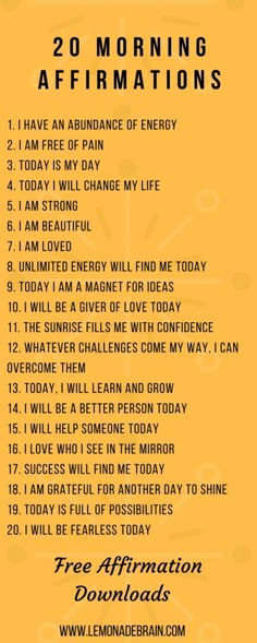 a yellow poster with the words 20 morning affirmations