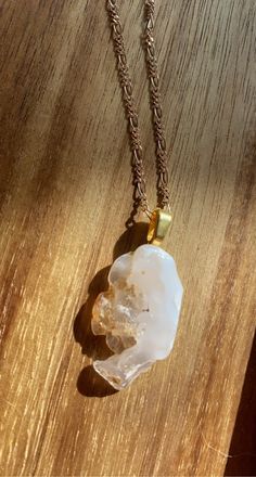 A milky agate crystal attached by bezel with glue and connected to a sterling silver plated gold chain. Handmade, lightweight and durable. A 16 inch chain and the stone is 1.25 inches by .75. Cleansed before and after making and shipment. Pm for customs and questions thank you Spiritual White Necklace With Large Pendant, Spiritual White Quartz Necklaces, White Spiritual Necklace With Adjustable Chain, Spiritual White Quartz Necklace, White Quartz Pendant Crystal Necklaces, White Crystal Pendant Necklace With Natural Stones, White Natural Stones Crystal Pendant Necklace, White Quartz Pendant Jewelry, White Quartz Necklace For Gift